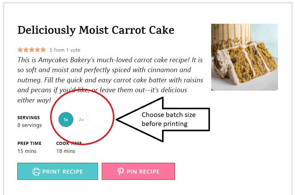 a screenshot of an amycakesbakes recipe showing where to select the 1x or 2x button