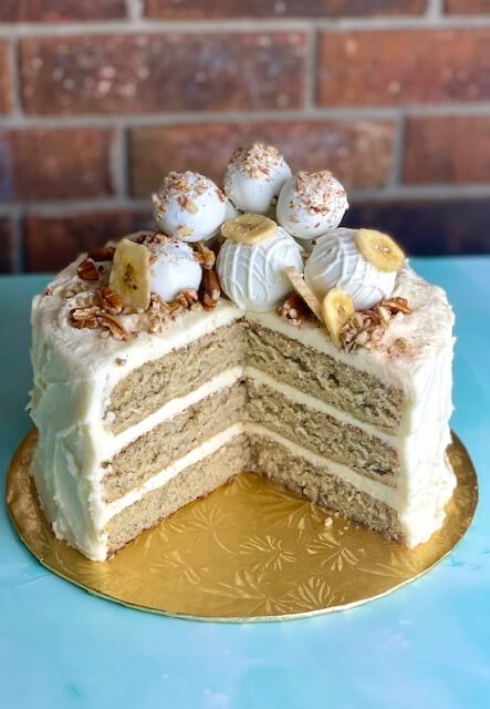 homestyle banana cake decorated with cake truffles