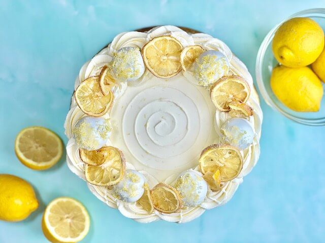 Lemon Cake decorated with lemon truffles and sugared lemons