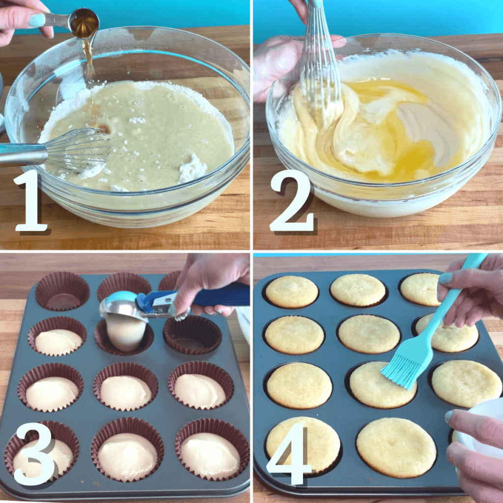 Instructions Step 1-4. 1.Adding apple cider vinegar to the batter. 2. Whisking in the melted salted butter. 3. Scooping the cupcakes into a cupcake tin. 4. Brushing the cupcakes with simple syrup with a silicone pastry brush.