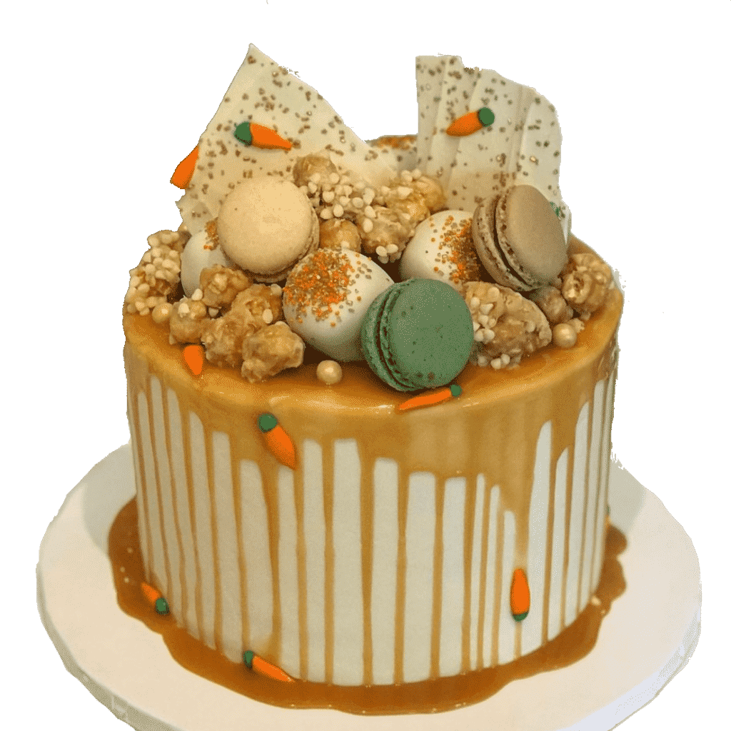 a carrot cake caramel drip cake