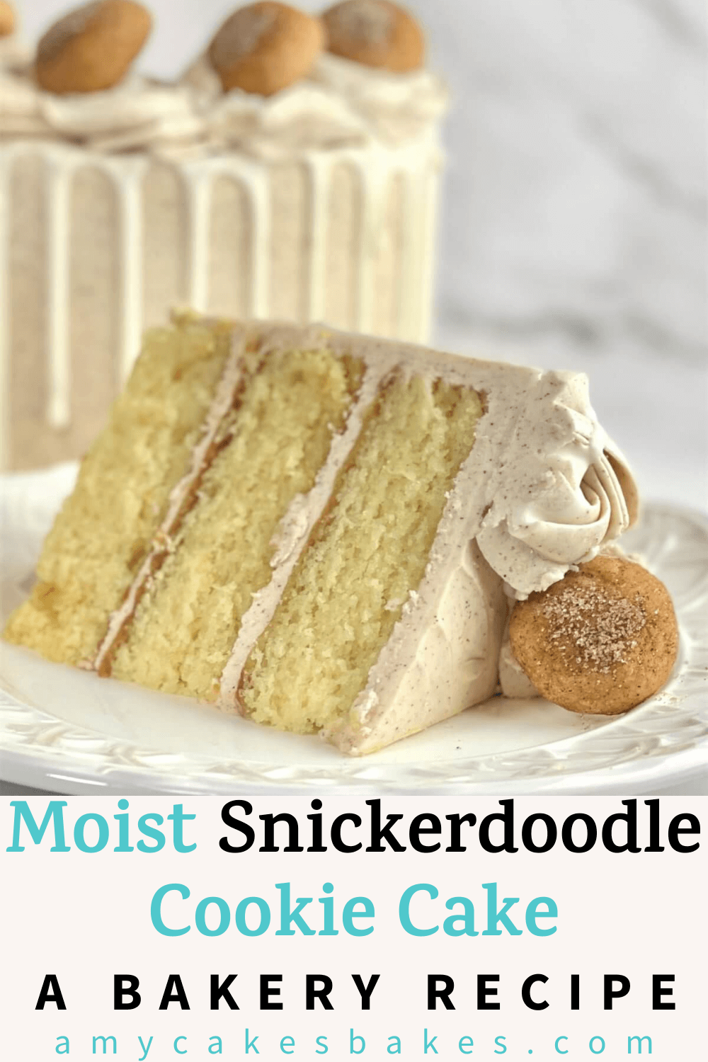 A pinterest pin image featuring a slice of snickerdoodle cake on a plate with the words "moist snickerdoodle cookie cake, a bakery recipe, amycakesbakes.com"