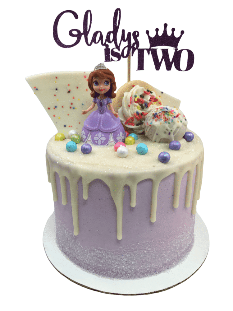 an image of a purple princess themed drip cake