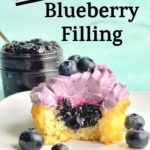 a pinterest pin of a vanilla cupcake with blueberry cupcake filling on a plate