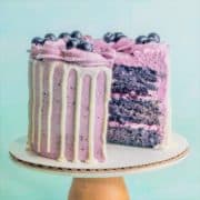 A blueberry cake on a pedestal with a slice taken out showing layers of moist blueberry cake, blueberry buttercream, and blueberry compote filling.