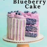 A pinterest pin image featuring a 6" blueberry layer cake with a slice taken out