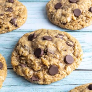 a closeup of flourless monster cookies