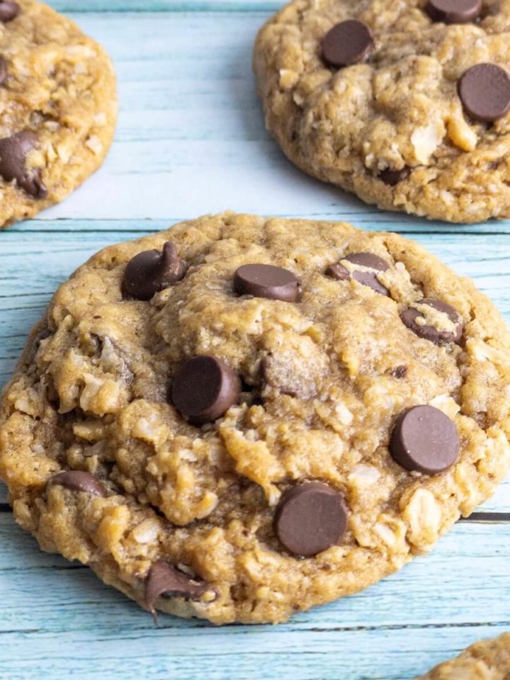 a closeup of flourless monster cookies