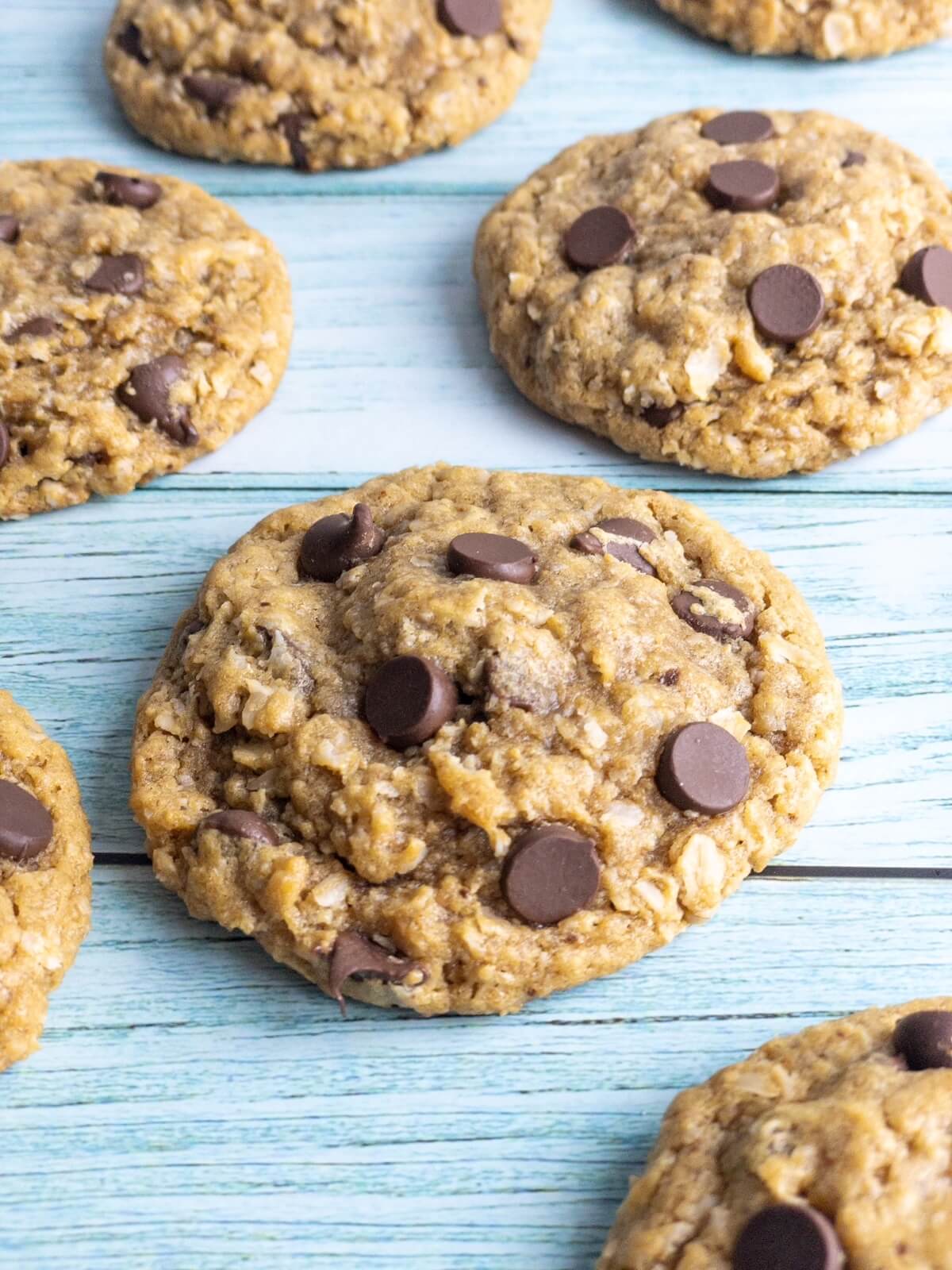 a closeup of flourless monster cookies