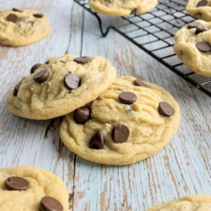 a closeup of chewy chocolate chip cookies