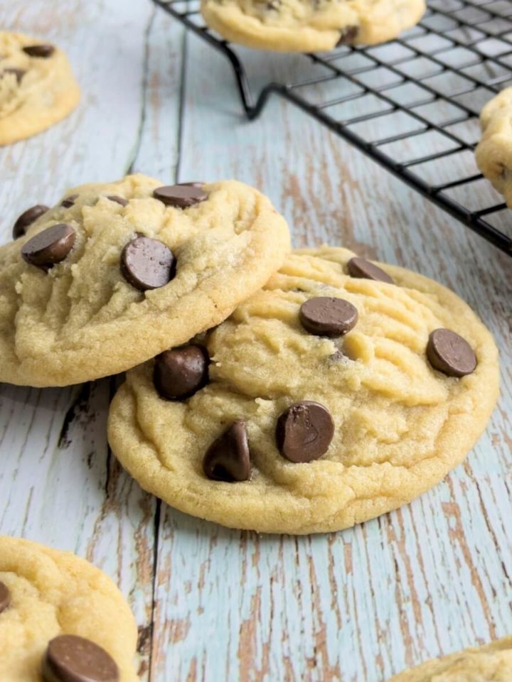 a closeup of chewy chocolate chip cookies