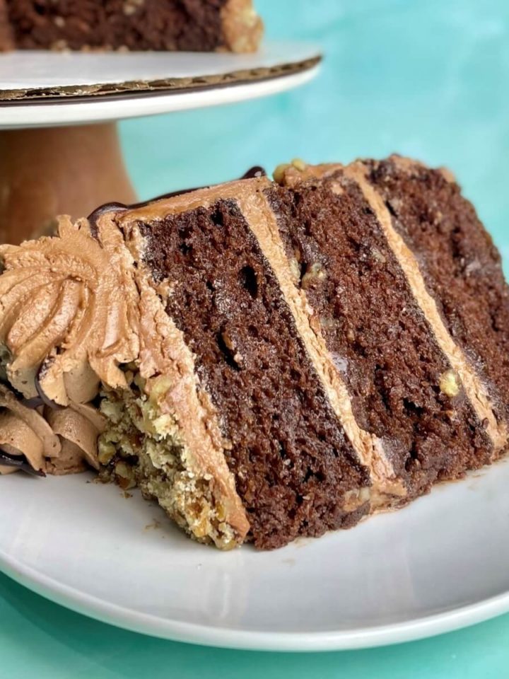 a closeup of a slice of moist chocolate cinnamon cake
