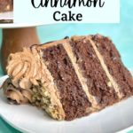 a pinterest image of a closeup of grandma's chocolate cinnamon cake with the text "moist chocolate cinnamon cake" and "bakery recipe" and "amycakesbakes.com"