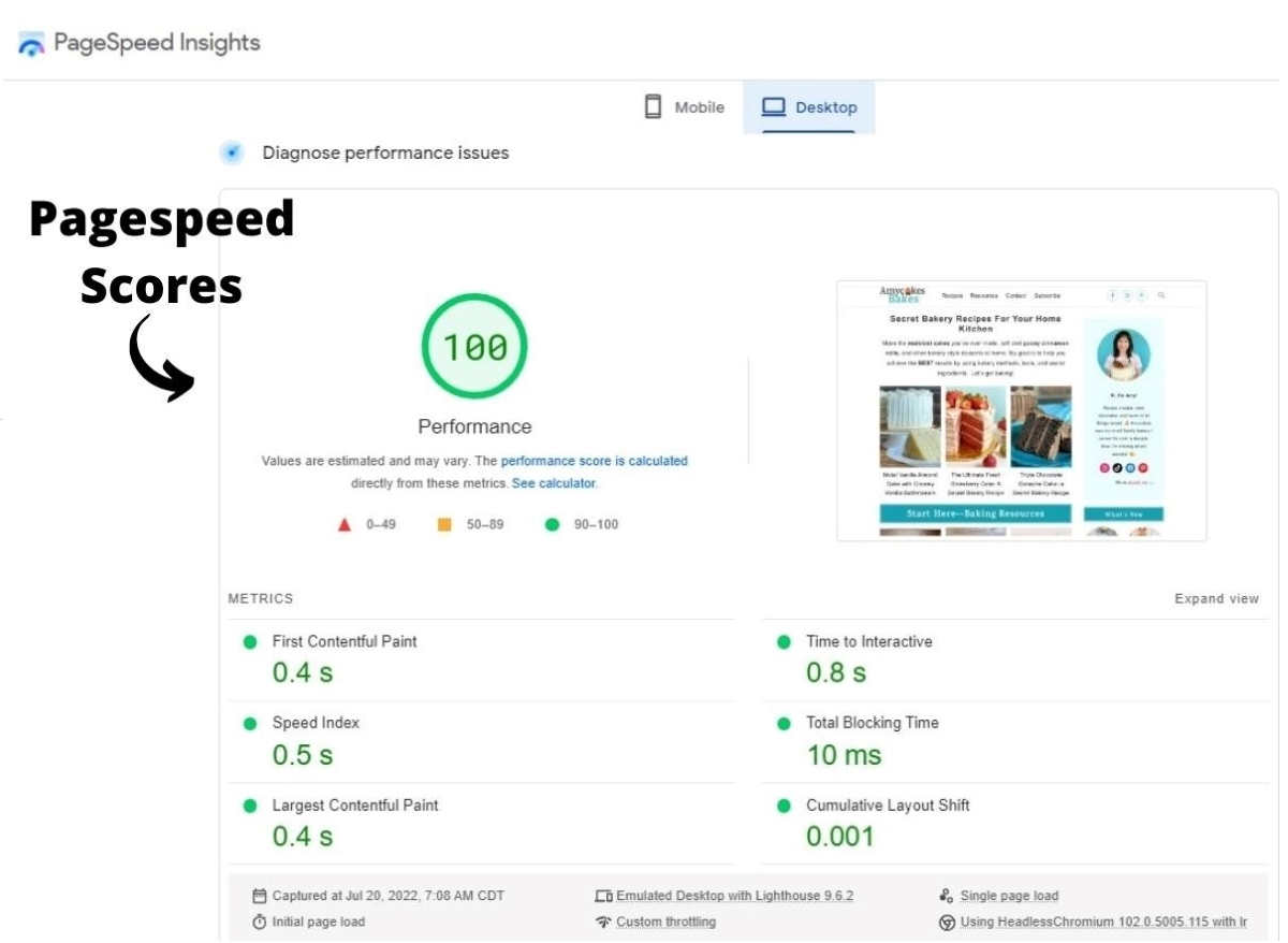 a screenshot of the blogging tool pagespeed insights, showing amycakesbakes.com at 100% on desktop, with the text "pagespeed scores"