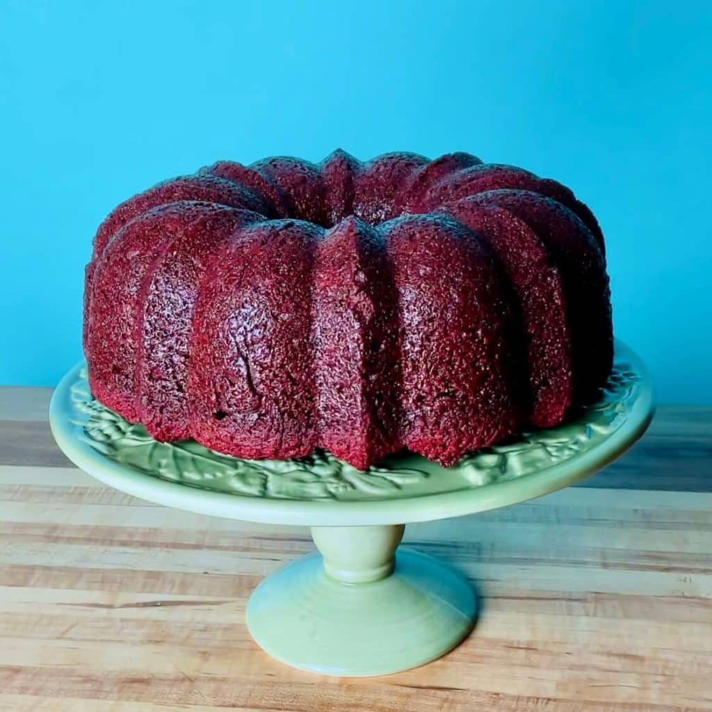 An unfrosted red velvet bundt cake
