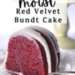 A Pinterest image of a slice of very moist red velvet bundt cake with the text "easy moist red velvet bundt cake" and "amycakesbakes.com