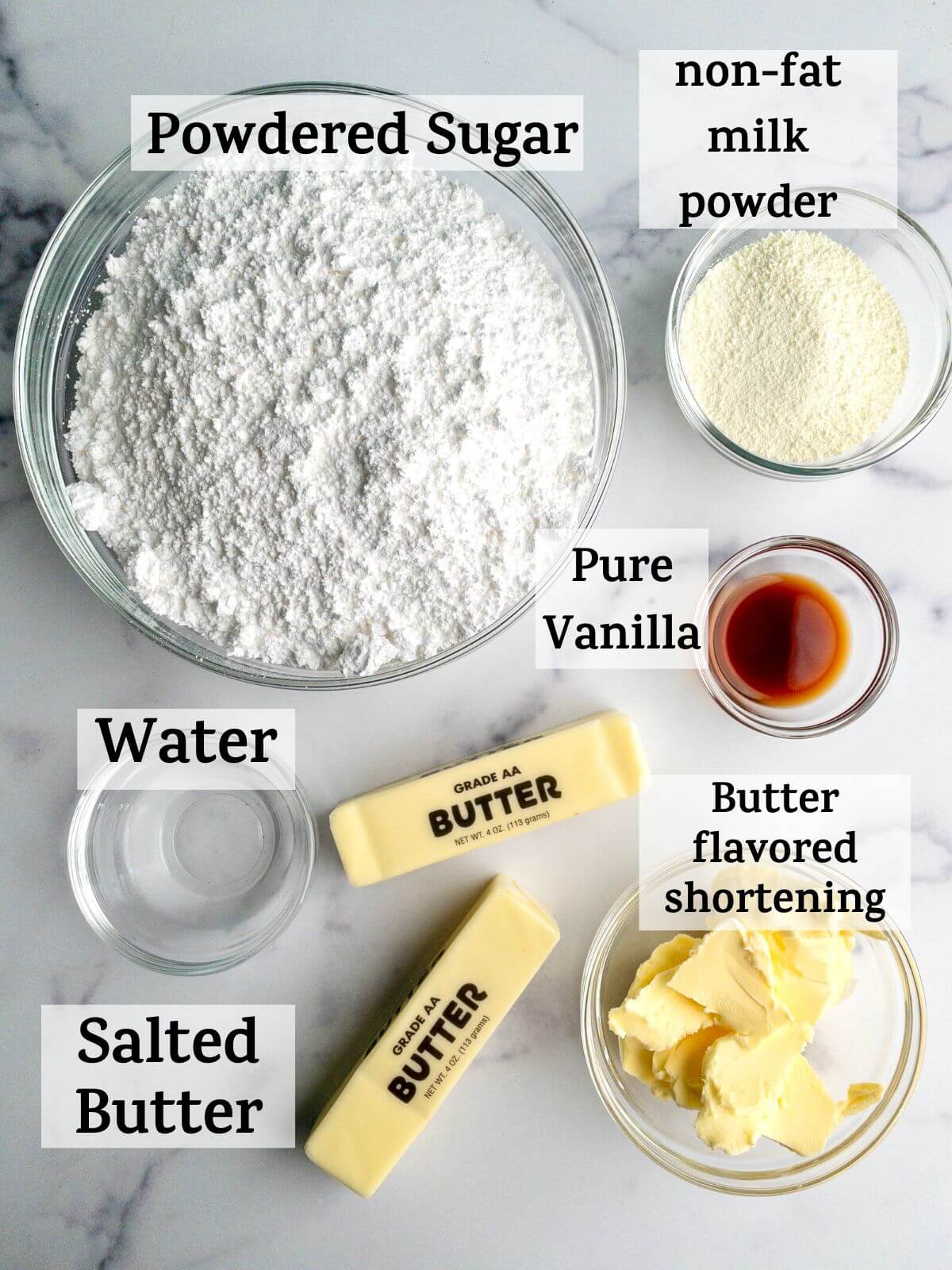 ingredients for cookie buttercream for cutout cookies, with the text "powdered sugar, water, nonfat milk powder, salted butter, butter flavored shortening"