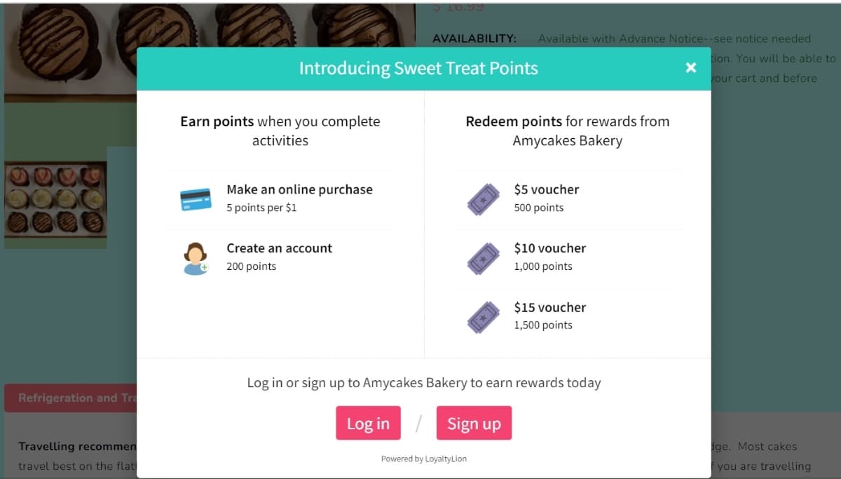 A screenshot of online sweet treats rewards points for an online bakery.