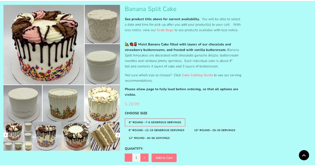 A screenshot of a Shopify bakery website showing detailed product descriptions.