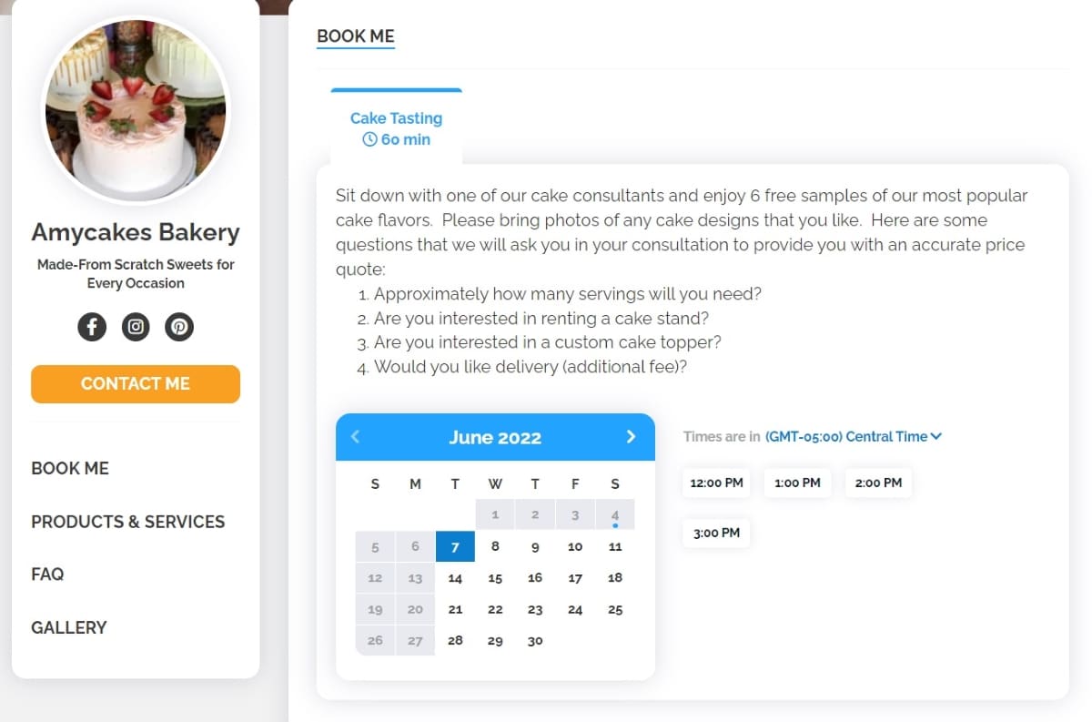 A screenshot of a Book Like a Boss example bakery store with a calendar picker for a cake consultation