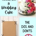 An image of a 3-tiered wedding cake with fresh flowers and an image of a tiered cake box for transporting a wedding cake. The text "how to transport a wedding cake" and "the dos and don'ts" and "amycakesbakes.com"