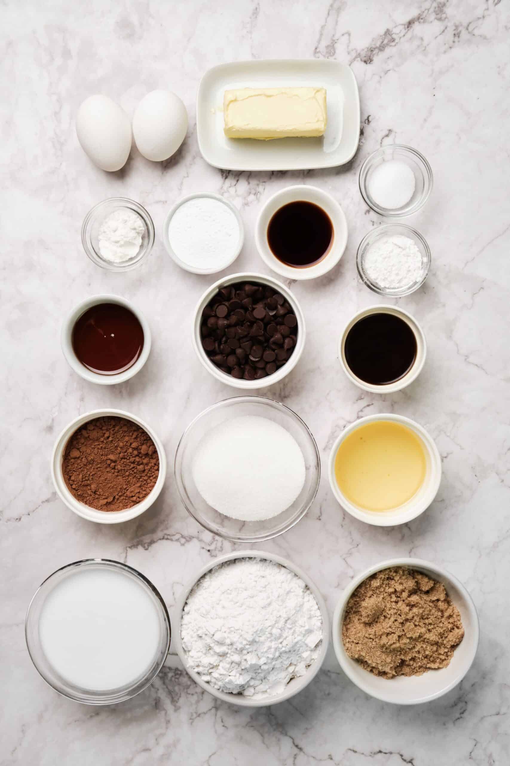 An overhead shot of all the chocolate cake ingredients.