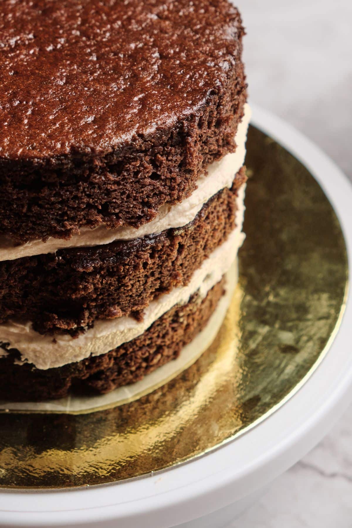 A closeup of the three moist layers of chocolate cake with peanut butter frosting.