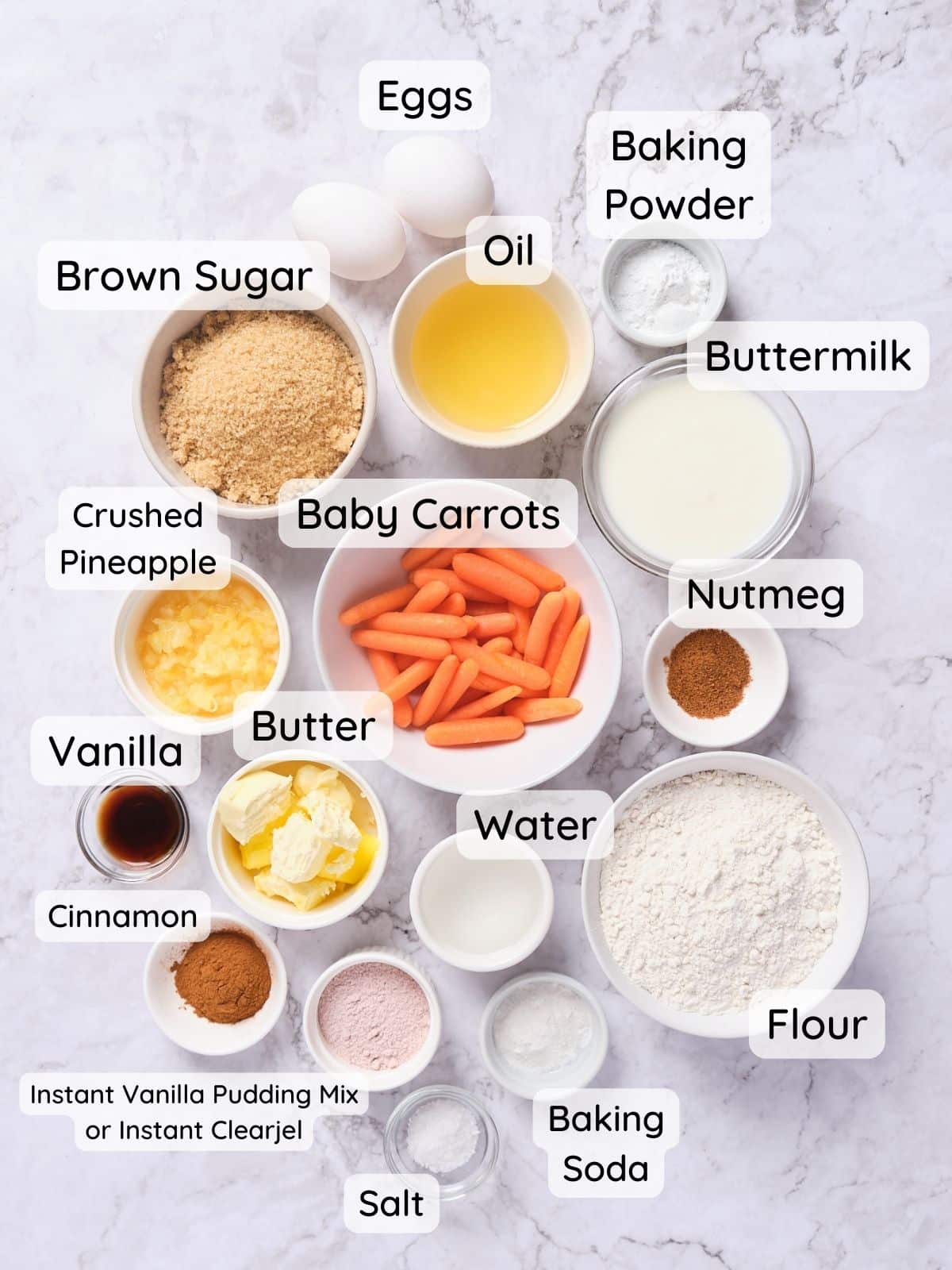 A shot of all the carrot cake batter ingredients with the text "flour, brown sugar, baking powder, baking soda, salt, instant pudding mix, instant clearjel, butter, oil, water, buttermilk, vanilla, cinnamon, nutmeg, baby carrots, and crushed pineapple."