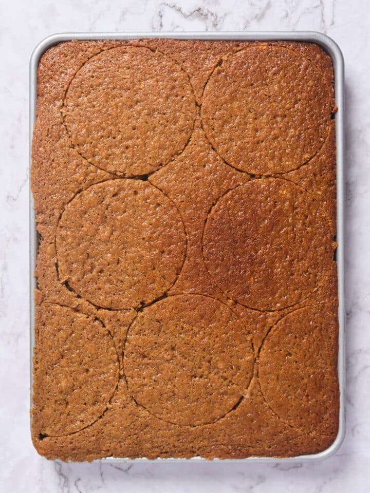 A carrot cake baked in a sheet pan cut out with cake rings.