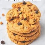 A pin image of chocolate chip butterscotch cookies with the text "soft butterscotch chocolate chip cookies" and "amycakesbakes.com".