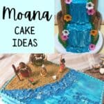 Photos of a moana tiered cake and a moana sheet cake with the text "Adorable DIY Moana cake ideas" and "amycakesbakes.com."