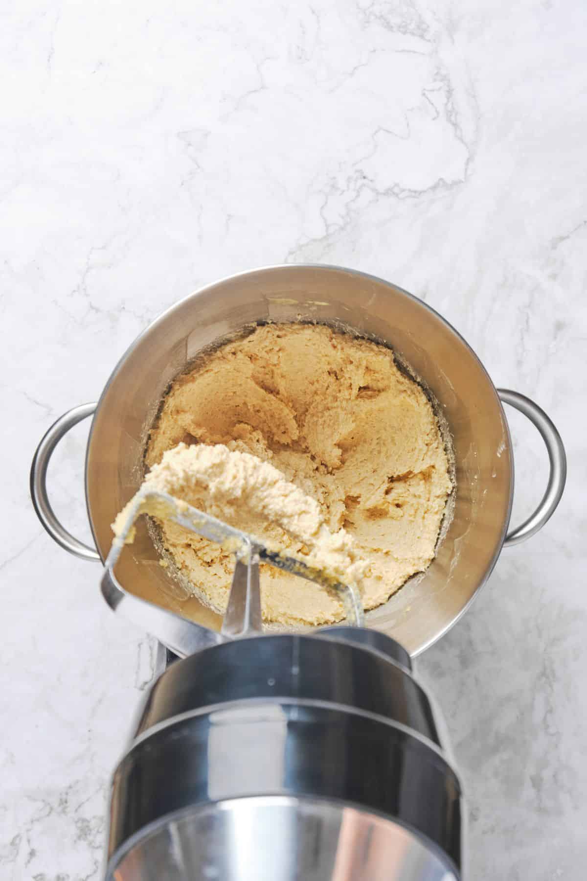 Butter and sugars creamed in a stand mixer.