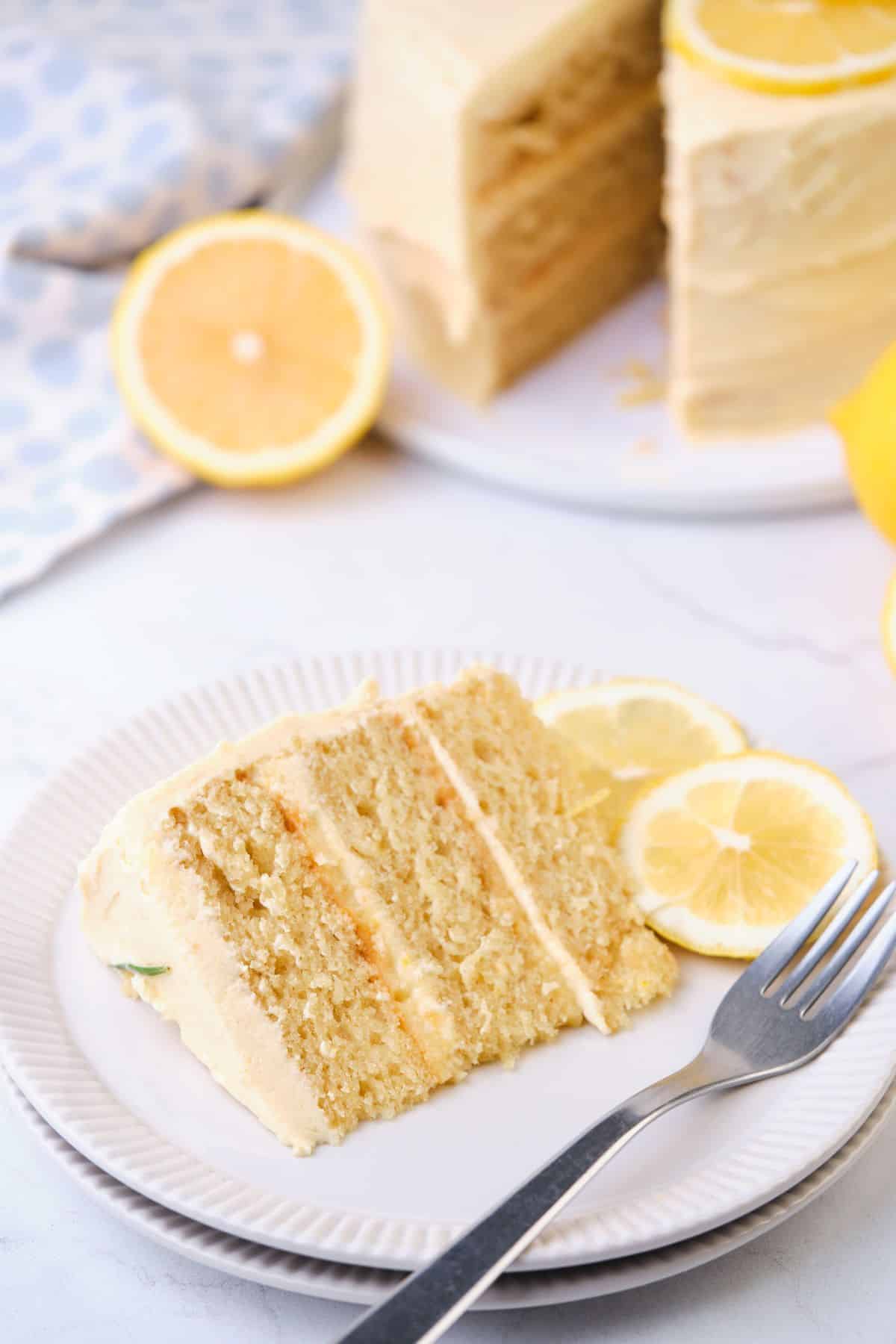 A soft and moist slice of lemon cake with lemon curd filling.