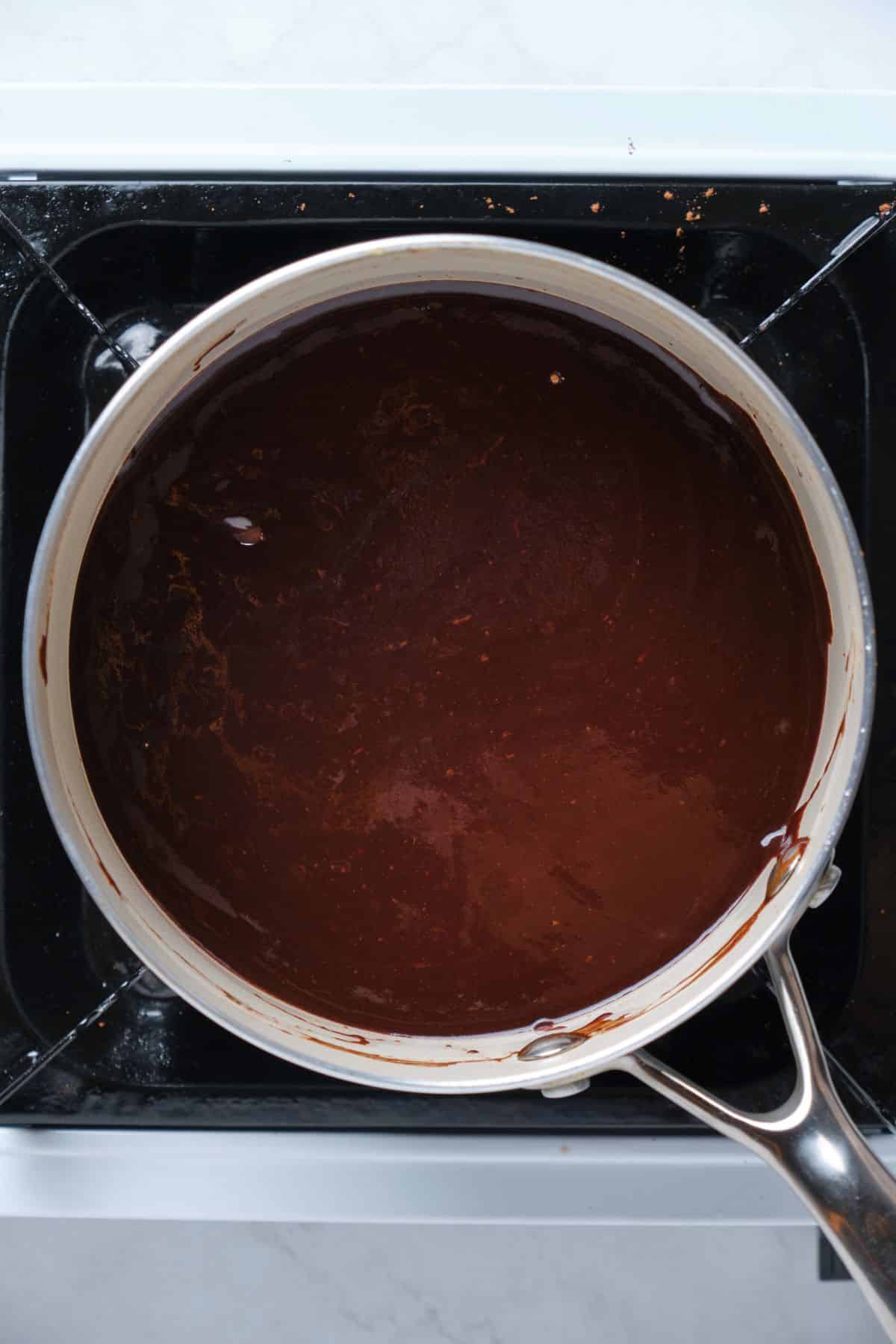 Chocolate fudge frosting in a saucepan.