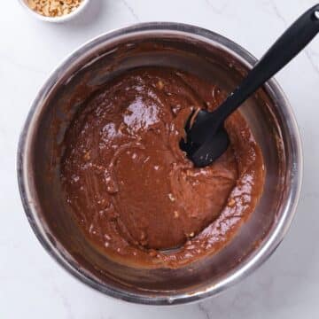 Chocolate cake in a bowl using the two bowl mixing method.
