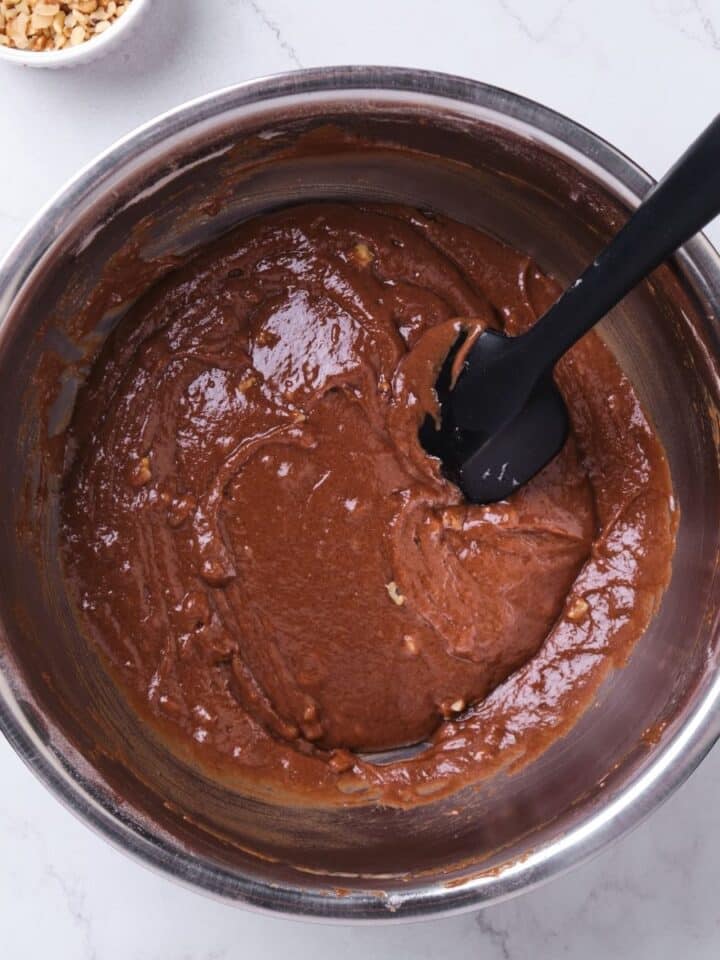 Chocolate cake in a bowl using the two bowl mixing method.