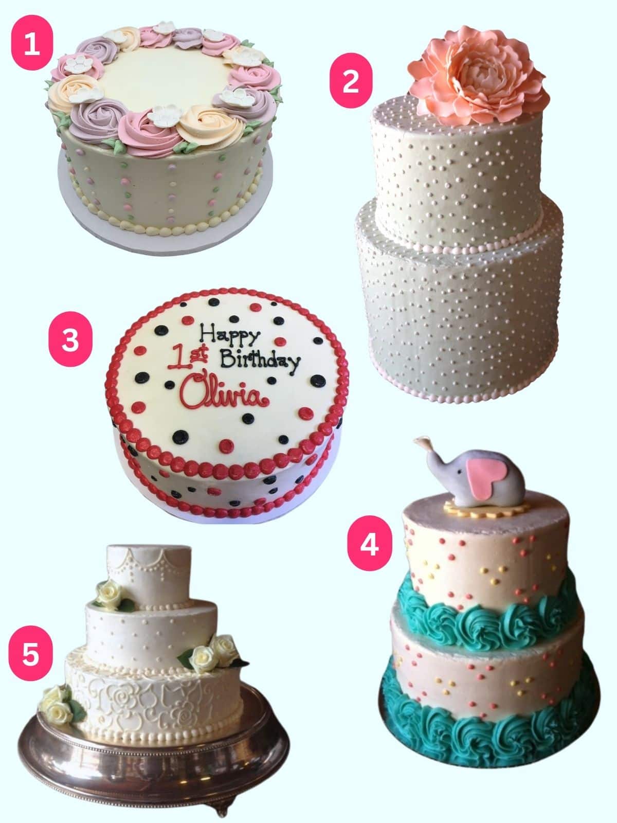 assorted layer cakes piped with different types of dots to show off cake decorating piping designs.