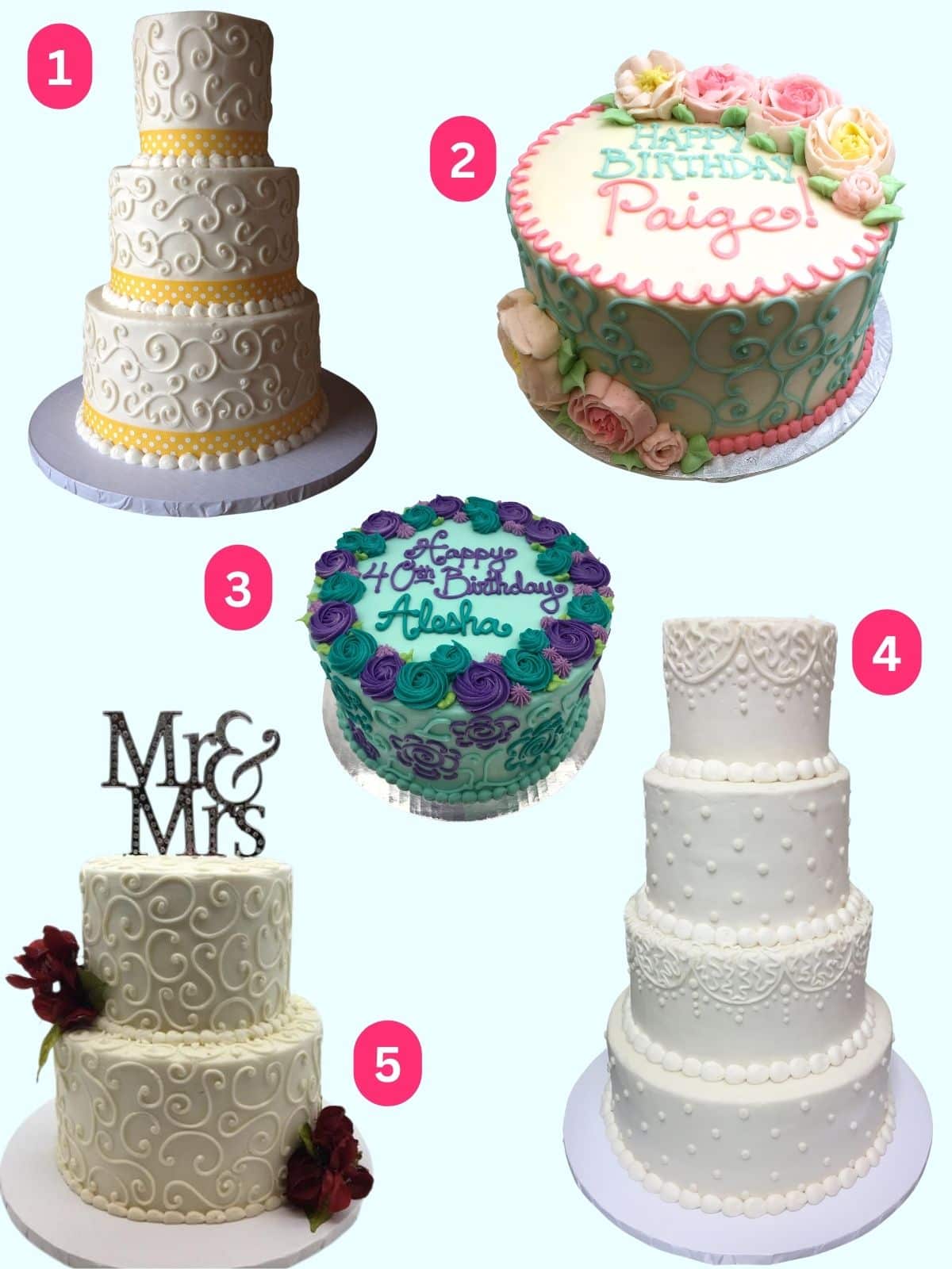 five different layered cakes decorated with different cake decorating piping patterns including swirls, flowers, and scallops.