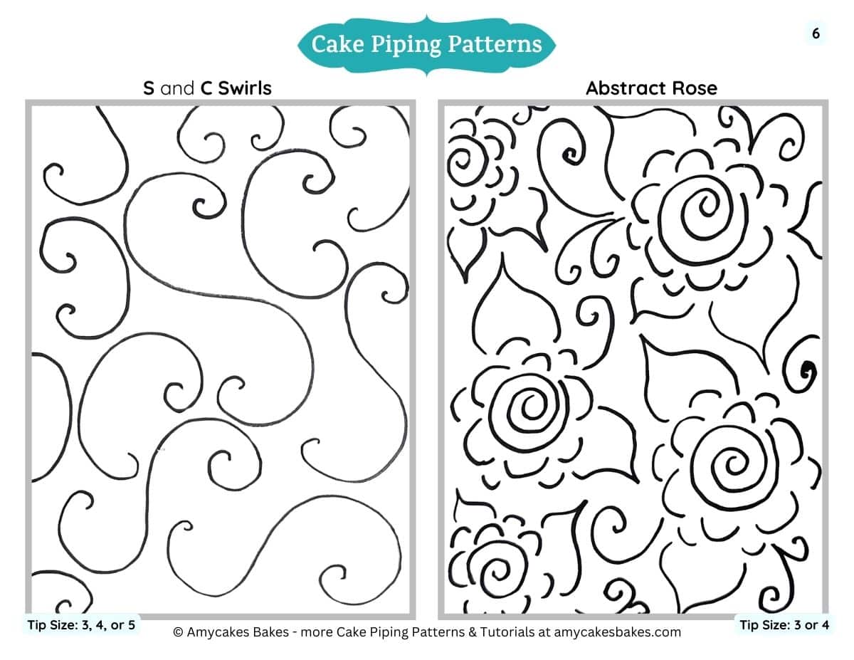 example of a printable cake piping decorating template with swirls and abstract flowers.