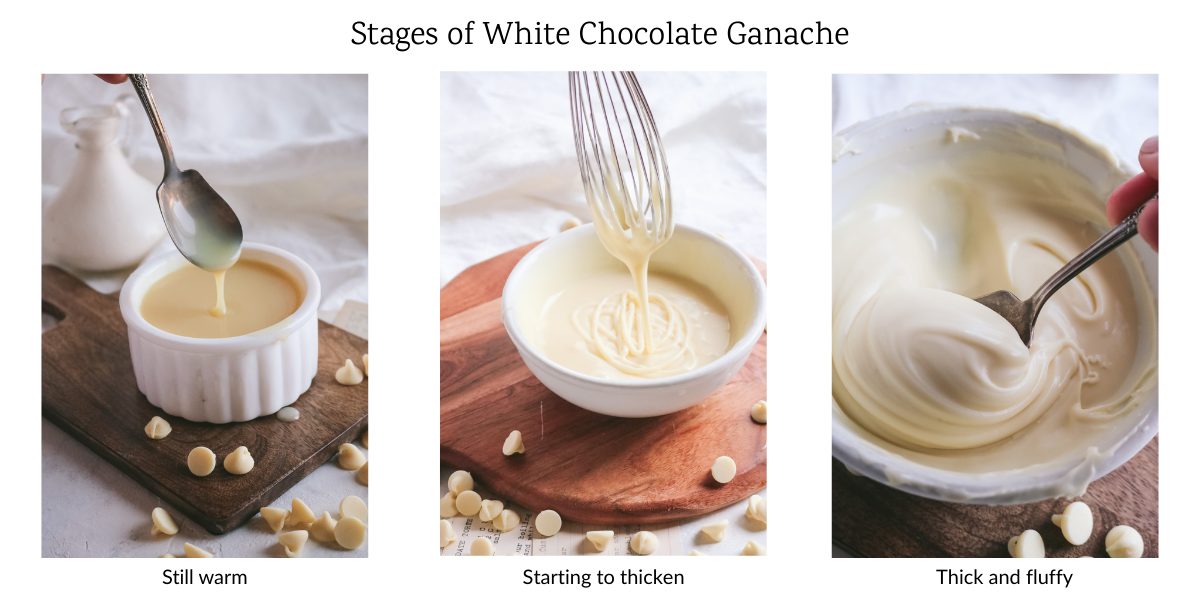 collage image comparing three different stages of homemade white chocolate ganache: still warm, starting to thicken, and thick and fluffy.